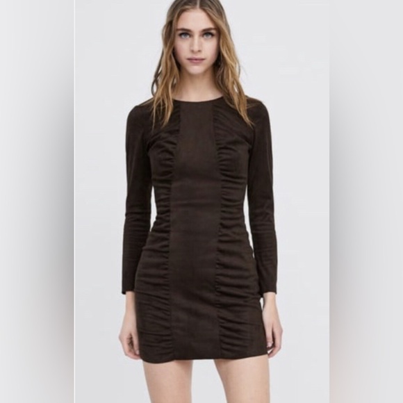 Zara faux suede brown Long Sleeve Dress size small - Picture 1 of 6